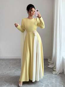 Selianne Women's Yellow Chiffon Patchwork Long Sleeve A-Line Dress Fall Cloth For Women - Yellow - View 5