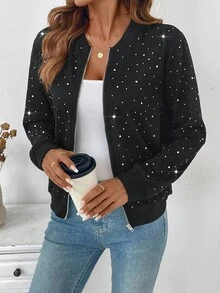 EMERY ROSE Women's Elegant Rhinestone Embellished Casual Baseball Jacket, Autumn/Winter - Black - View 1