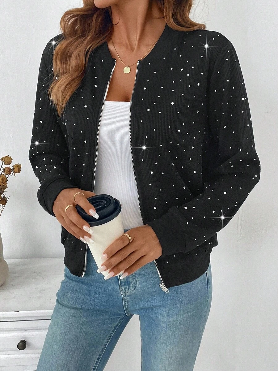 EMERY ROSE Women's Elegant Rhinestone Embellished Casual Baseball Jacket, Autumn/Winter - Black - View 1