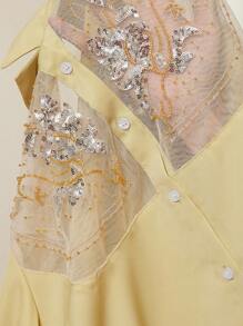 GENKIRA Áo cánh tay ngắn cổ bẻ đính hạt sequin thêu họa tiết trong suốt - Màu xanh Ô liu - Xem 7