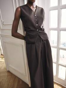 Maija Bộ đồ không tay và quần dài tối giản hàng ngày màu trơn dành cho nữ - màu nâu - Xem 2