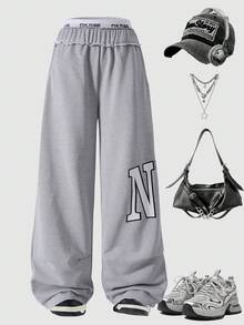 SHEIN Explorewe 少女字母印花松紧腰口袋阔腿宽松休闲运动裤 - 灰色 - 查看 6
