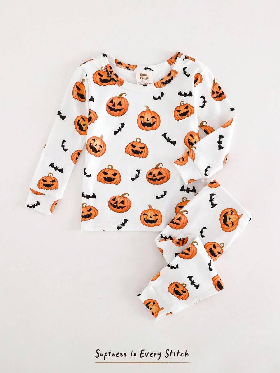 Cozy Pixies Set pigiama aderente per bambina, top a maniche lunghe e pantaloni in maglia con motivo a zucca, morbido, collo rotondo, autunnale