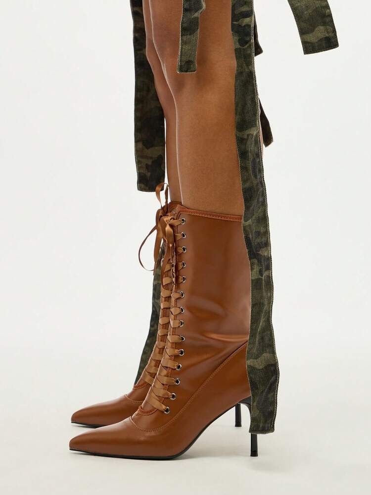 SUMWON Victorian Style Lace Up Mid Calf Combat Boots Pointed Toe High Heel Winter Fashion Boots With Side Zipper Elegant Classic Design Statement Boots