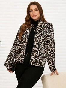 EMERY ROSE Plus Size Women Casual Leopard Print Blend Jacket, Autumn/Winter Fall - Black - View 4