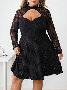 SHEIN CURVE+ 大码女式优雅性感约会派对聚会修身亮片领镂空罗纹面料蕾丝拼布长袖连衣裙/秋冬 - 黑色 - 查看 5
