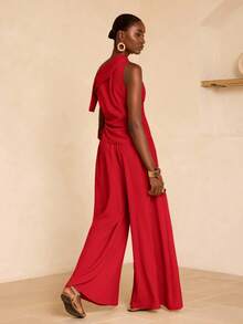 Zivah 2025 夏季新款音乐节 & 毕业休闲装，学院风日常穿着，度假，海滩，日光浴，街头装，米色纹理棉麻面料性感单肩蝴蝶结吊带上衣和阔腿裤两件套 - 紅色 - 查看 2