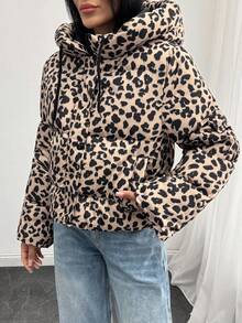 EURMUSE Wild Cozy Luxe Leopard Puffer – 仿毛领街头风冬季外套 - 彩色 - 查看 5
