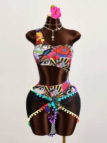 Zestiva Summer Beach Random Pop Art Print Cut Out One Shoulder One Piece Swimsuit - Multicolor - View 1