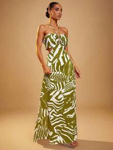 Hauture Front Cut Out Cross Over Halter Open Back Maxi Dress