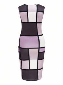 Conjunto casual de vestido sin mangas con parches de cuadros y blusa de manga larga estampada, talla grande - Multicolor - Ver 3