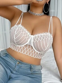 SHEIN 1pc Plus Size Mesh Patchwork Underwire Bra, Lift - White - View 4