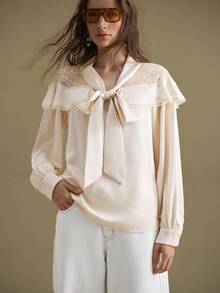 Ontre Women's Contrast Lace Ruffle Tie Collar Long Sleeve Elegant Blouse And Intellectual Female Wedding Guest And Beautiful French Slouchy High-End Sense Of Intelligence And Elegance Old Money Style Cruise Vacation Wear All-Season Modern Vacation Nomadic Casual Fashion All-Match Women's Country Concert Western Style Women's High-End, Elegant, Old-Fashioned Cruise - Apricot - View 4