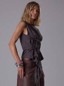 MUSERA 圆领系带裹腰上衣，优雅晚装，适合秋季、夜晚外出、性感可爱、酷女孩街头风、优雅假日派对、春夏穿着。 - 深灰色 - 查看 3