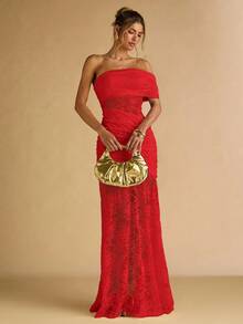 SHEIN BAE 女式纯色蕾丝拼布不对称领口连衣裙 - 紅色 - 查看 4