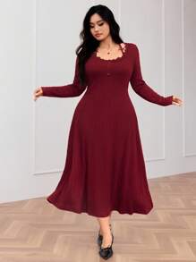 Feyla Plus Size Elegant Solid Color Lace Trim Dress - Burgundy - View 4