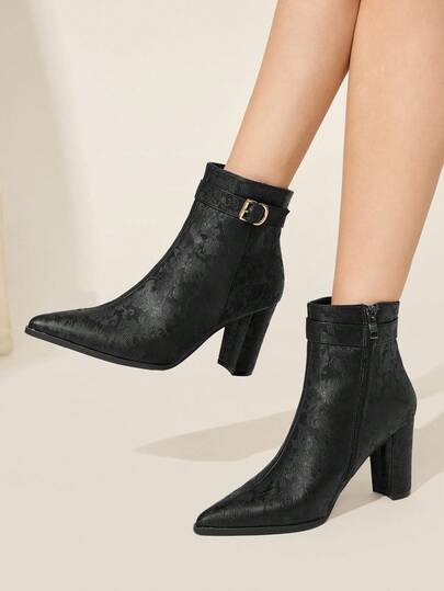 CUCCOO CHICEST 女士复古花卉印花尖头方形粗跟中筒靴，优雅通勤时尚复古东方经典中国风黑色缎面踝靴，适合工作场所、万圣节、新年、春节