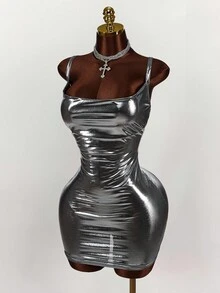Amplova Women's Cowl Neck Silver Bodycon Mini Dress With Hip Package Design,Summer DressesSpring Clothes - Silver - View 4