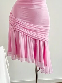 Soleia 女式纯色褶饰不对称下摆时尚细肩带迷你连衣裙，夏季 - 淺粉色 - 查看 4