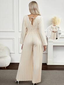 SHEIN جمبسوت نسائية بلون أحادي مع طيات وأكمام على شكل خفاش وياقة على شكل حرف V متداخلة وساق واسعة - لون مشمشي - مشاهدة 2