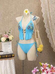 Bonvoyette 2025 Summer New Women 2pcs Swimsuit Beach Vacation Bikini Set, Spaghetti Strap Backless Slimming - Blue - View 2