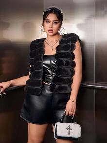 SHEIN EZwear 大尺碼優雅純色毛絨無袖外套，黑色，冬季，正式，晚宴，夜店，時尚休閒派對婚禮聖誕新年 - 黑色 - 查看 5