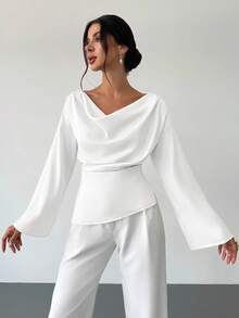 Firerie Boat Neck Flare Sleeve Gathered Waist Office Lady Apricot Blouse, Minimalist Elegant Daily Commute Satin Asymmetric Ruched Collar Flare Sleeve Blouse For Women, Office Wear Chic White Shirt - White - View 5