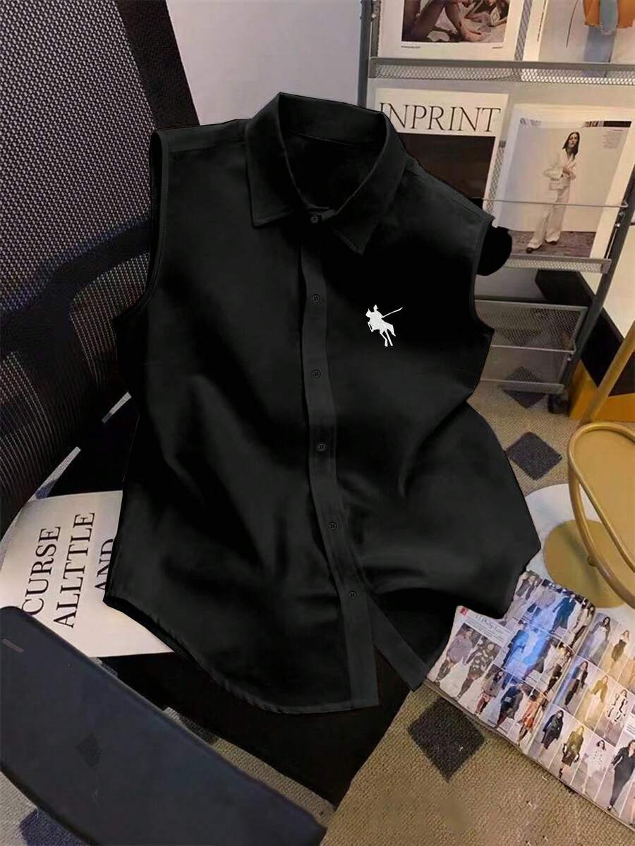 Qadelle 女士休闲无袖纽扣骑士印花衬衫 - 黑色 - 查看 1