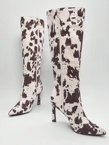 SHUZIA Women's Cow Print Pointy Toe Skinny Heel Mid-Calf Boots For Christmas - Multicolor - View 2