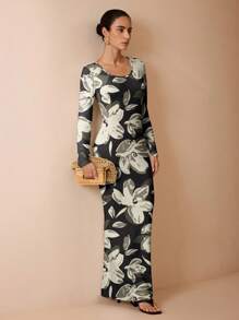 Glamance Shutterstock Women's Black Long Sleeve Bodycon Maxi Dress, Elegant Floral Print Outfit, Autumn Dress, Vacation Wear, Office Lady Dress, Business Casual Daily Wear, Hawaii Outfit, Day To Night Attire, Travel Outfit, Airport Street Style, Autumn Apparel, Dignified And Sexy Bohemian Style, Suitable For Going Out, Date Night - Black - View 3