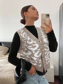 Siren Gaze 女式豹纹V领单排扣休闲针织背心，秋季 - 彩色 - 查看 4