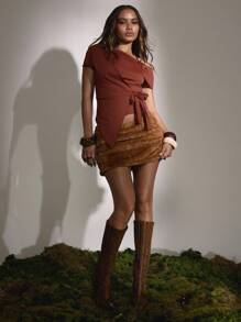 MUSERA 不对称露肩修身系带短袖上衣，秋季可爱乡村西部风夜店性感休闲同步节日、假日、派对、圣诞节 - 酒紅色 - 查看 3