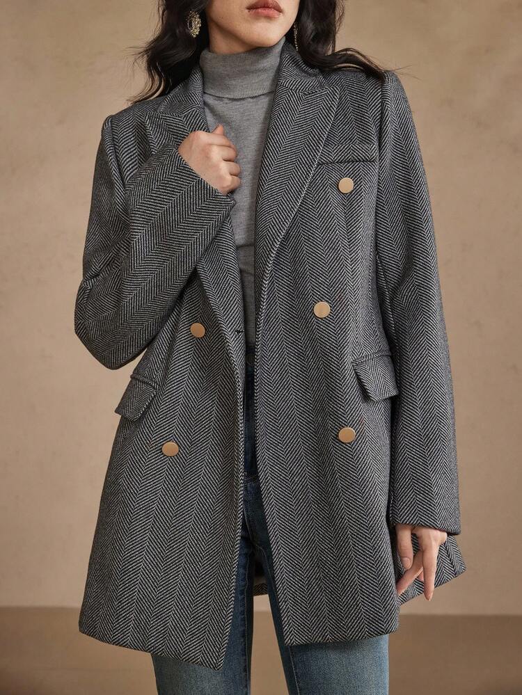 Women's Elegant Office Wear Plaid Blazer Jacket With Metal Buckle, Slim Fit, Suitable For Autumn And Winter Women Coats