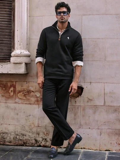 HIMLAND 男士休闲针织半拉链长袖刺绣修身套头衫，适合日常穿着，男士半拉链运动衫，四分之一拉链套头衫，男士四分之一拉链毛衣，立领运动衫，立领套头衫，学院风运动衫，“Old Money”美学套头衫，男士高尔夫套头衫，羊毛四分之一拉链，男士学院风四分之一拉链套头衫，完美的“Old Money”运动衫，打造高级休闲装扮，秋冬