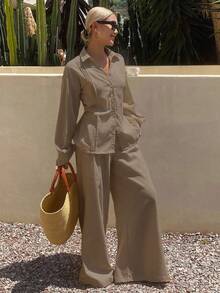 Livesso Women's Summer Solid Color Pleated Shirt And Wide Leg Pants Casual Suit