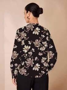 Shutterstock Glamance 女式花卉印花前扣优雅长袖衬衫 - 黑色 - 查看 2