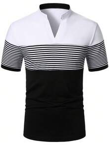Manfinity Mode 男士流行条纹休闲亨利领 Polo 衫，时尚街头风格，适合日常穿着 - 黑與白 - 查看 5