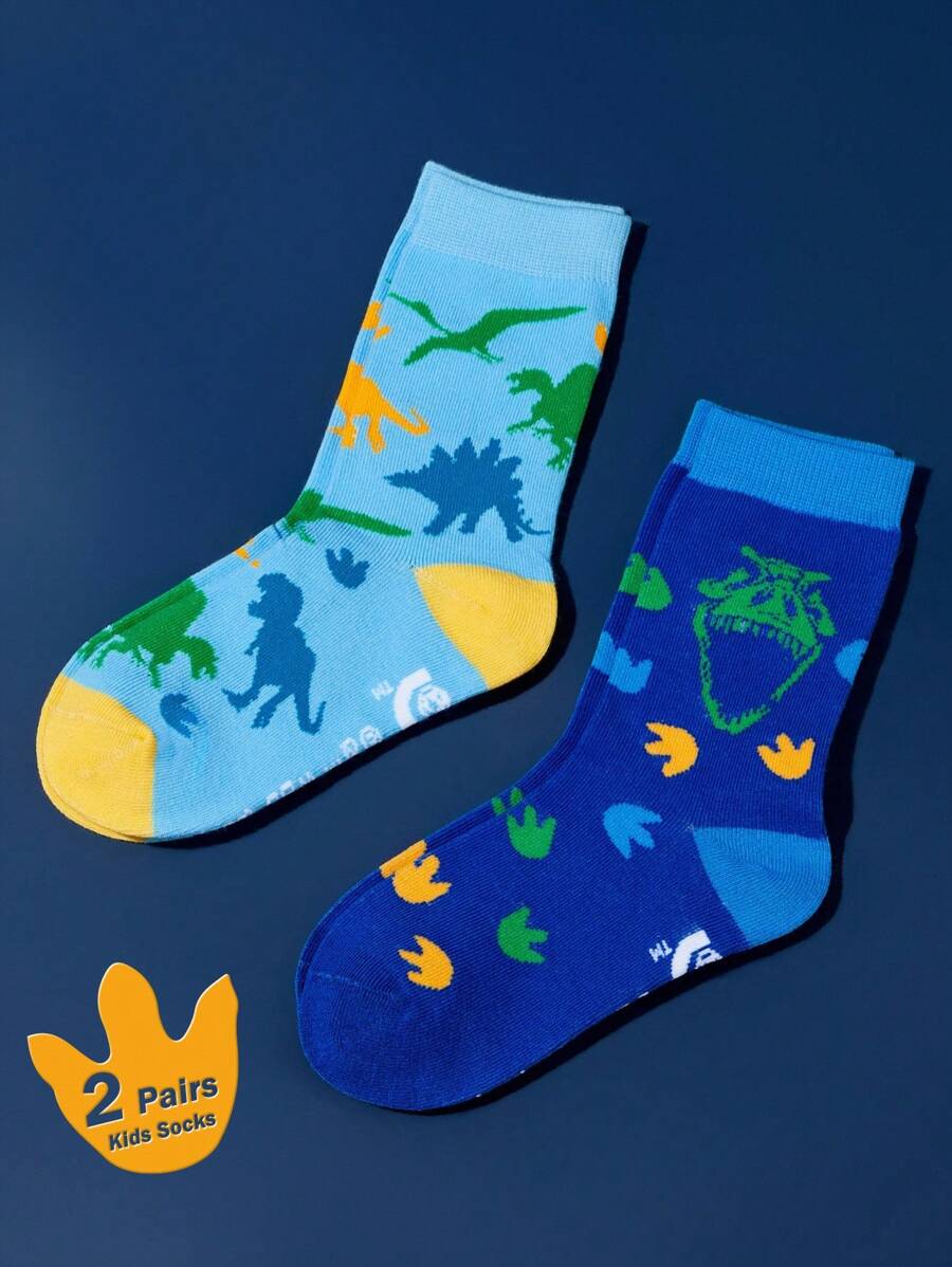 Discovery X SHEIN 2 Pairs Dinosaurs Boys Cotton Soft & Breathable Moisture-Wicking Kids Mid-Calf Socks Blue Cute Cartoon Crew Socks Reinforced Toe & Heel For Durability All Seasons All-Match School & Outdoor Summer Winter - Multicolor - View 1