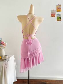 Soleia 女式纯色褶饰不对称下摆时尚细肩带迷你连衣裙，夏季 - 淺粉色 - 查看 2