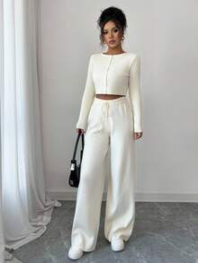 Modelyn Women's Solid Color Cropped Cardigan And Knit Pants 2 Pieces Set,Off-White Autumn Casual Lounge Fall Winter Long Sleeve Tall Knit Set For Women - White - View 4