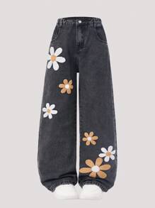 SHEIN ChillGRL Tween 女童时尚雪花刺绣阔腿水洗牛仔裤，适合春夏秋冬 - 灰色 - 查看 3