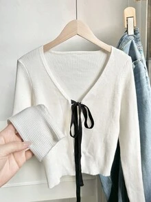 SHEIN Unity 性感百搭女式 V 领蝴蝶结撞色长袖短款针织开衫 - 彩色 - 查看 2