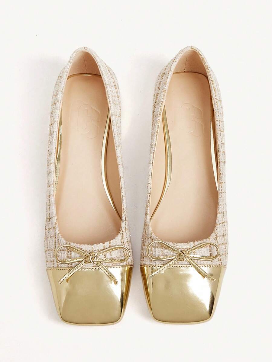 CUCCOO CHICEST 女士格子蝴蝶结尖头平底鞋，优雅甜美通勤浪漫休闲基本时尚个性经典舒适复古金丝绒金属仿皮礼服芭蕾平底鞋，适合下午茶、约会、派对、职场、优雅装扮、校园风格、舞会、基本百搭、万圣节、新年、春节 - 金色 - 查看 1