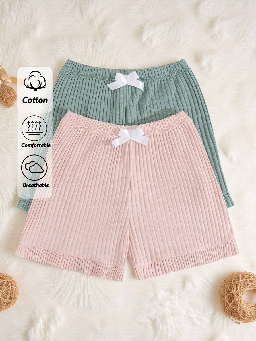 EURMUSE Cotton Women 2 Pcs Rib Knit With Contrast Colour Ribbon Detail Homewear Shorts Sets - Multicolor - View 1