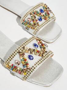 SHUZIA Sandalias planas para mujer, decoradas con cuentas de arroz de colores y pedrería a la moda - Plateado - Ver 3