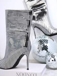 SHUZIA Metallic Point Toe Stiletto Heeled Boots - Silver - View 3