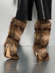 SUMWON WOMEN 奢华仿皮草及膝高筒冬季靴金属金色高跟时尚宣言寒冷天气鞋履毛绒长靴晚会魅力 - 杏色 - 查看 4
