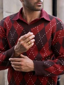 Manfinity NXTstreet Suéter holgado casual de hombre con cuello en V de jacquard de rombos, manga larga, suéter superior, camisa burdeos para hombre, camisas de punto para hombre, suéter de argyle de hombre con patrón de diamantes, otoño e invierno - Rojo - Ver 1