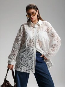 LYSMO Chaqueta ligera y transparente con encaje de contraste para mujer talla grande - Blanco - Ver 5
