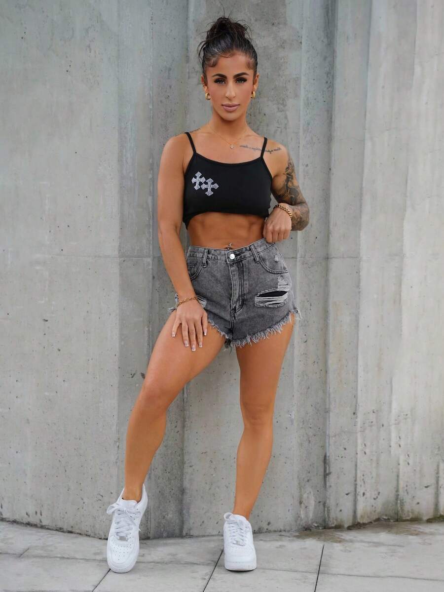 SAYEHFBABY 破洞毛边牛仔短裤 - 淺灰色 - 查看 1